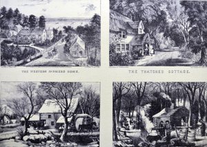 Das Heim des westlichen Bauern; Das strohgedeckte Häuschen; Eingefroren; Ahornzuckerherstellung, Frühling im nördlichen Wald von N. and Ives, J.M. Currier